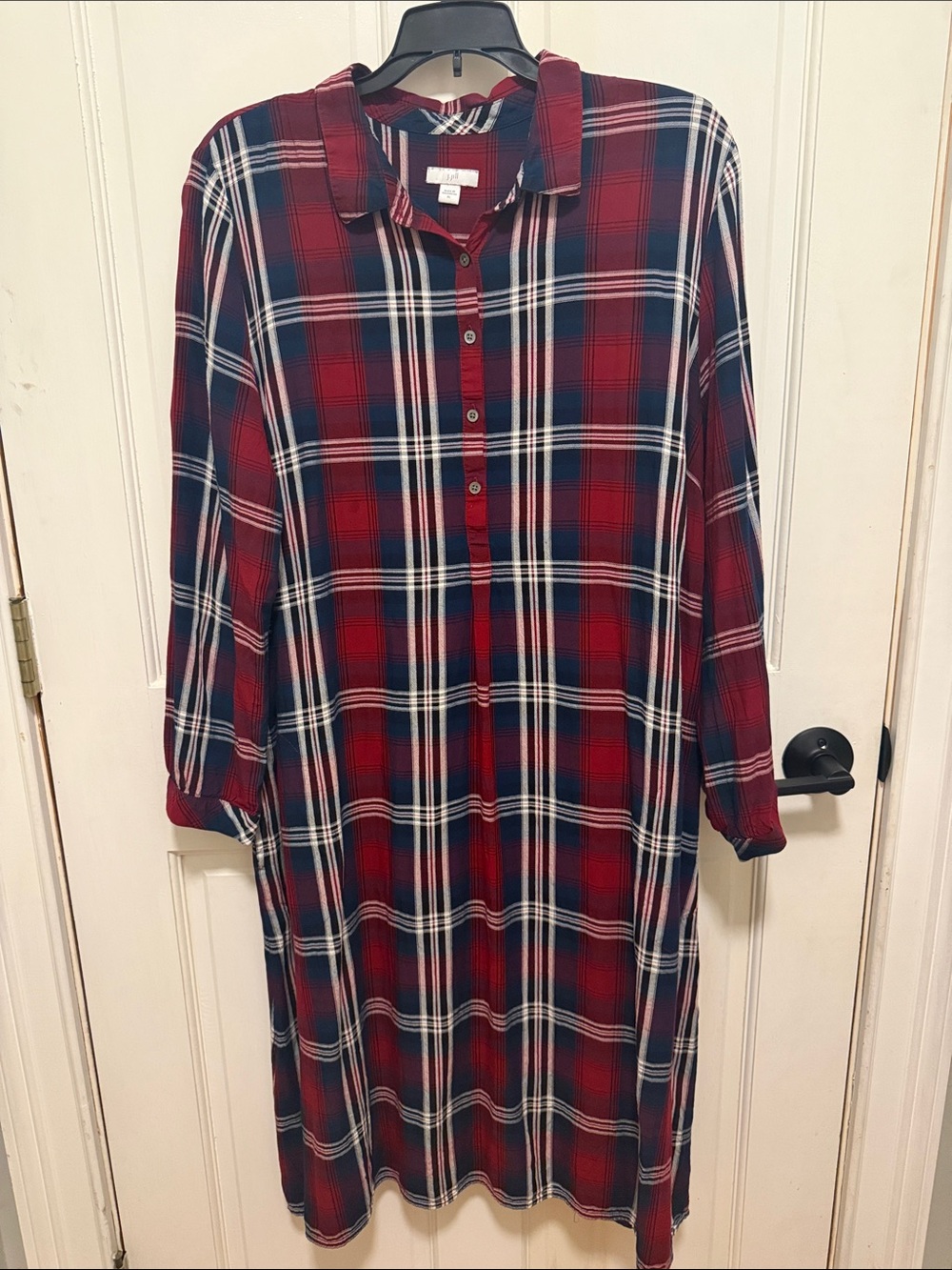 J. Jill Red and Navy Plaid Long-Sleeve Shirt Dress